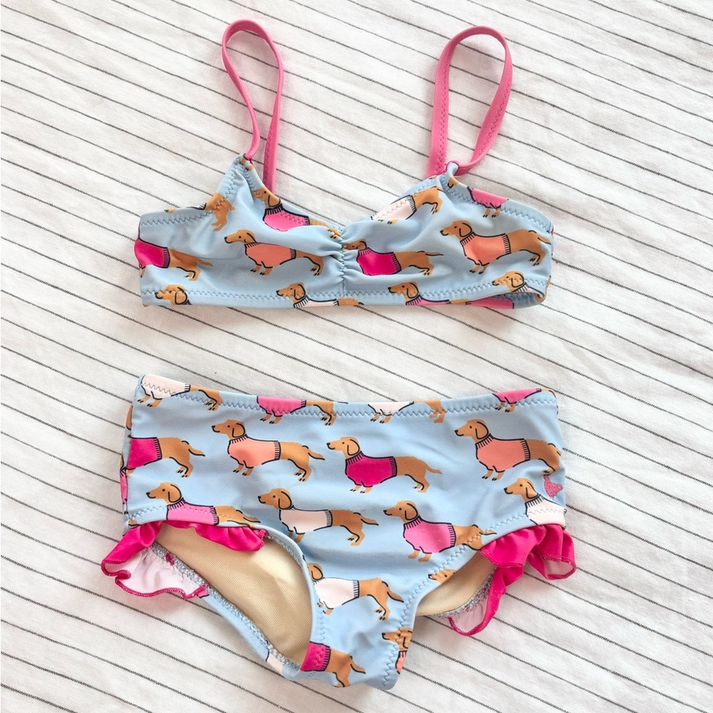 Pink Chicken Girls Blue Dachshund Print Bikini with Pink Straps